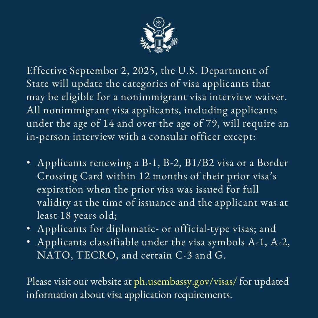 U.S. Embassy in the Philippines advisory for nonimmigrant visa applicants on interview waiver
